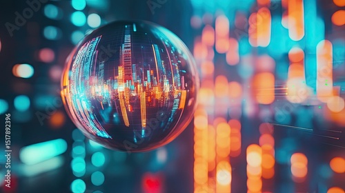 A reflective sphere showing a city skyline with blurred lights in the background creating bokeh