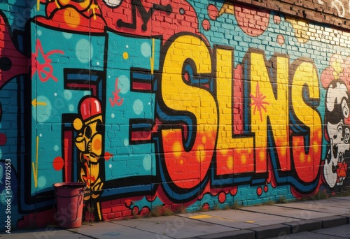 vibrant colorful street art urban graffiti brick wall mural creative expression artistic outdoor culture color palette bold patterns, design, texture, public photo
