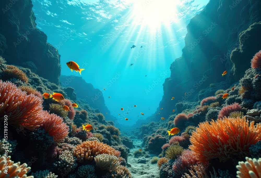 Naklejka premium vibrant coral reef sunlit underwater paradise marine life colorful ecosystem biodiversity aquatic wonder, aquarium, fish, anemone, turtle, jellyfish, shell