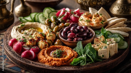 A beautifully styled mezze board featuring hummus, baba ganoush and dolma. Background includes Middle Eastern interior. 