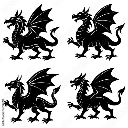 Wallpaper Mural Four black dragon silhouettes with wings and tails standing on a white background illustration art Torontodigital.ca