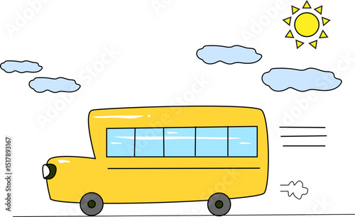 Yellow School Bus Driving on Sunny Day Vector Illustration for Education, Transportation, and Kids Learning Design