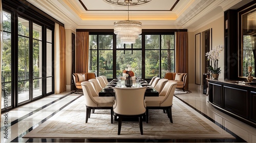A luxurious dining room with a long table set for a meal and large windows showcasing greenery
