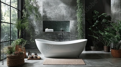 A modern bathroom with a white bathtub surrounded by plants and a large window for natural light