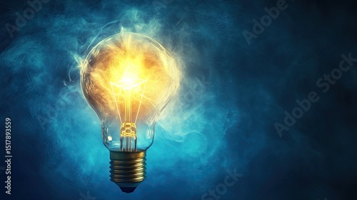 A glowing lightbulb with a golden filament on a blue background with smoke or fog effect around it