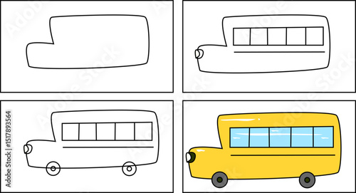 Step by Step School Bus Drawing Tutorial Vector for Kids Education, Art Class, Coloring Activity, and Learning Material