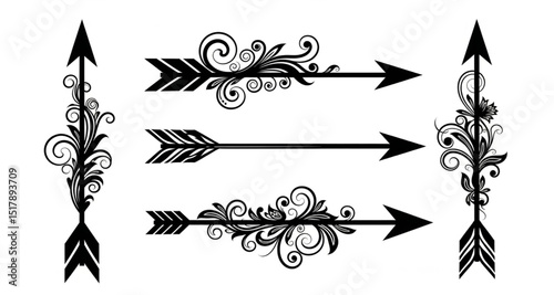 Ornate Arrow Vector Graphic Designs | Decorative Arrows with Floral Scrollwork for Invitations, Tattoos, and Wedding Decorations