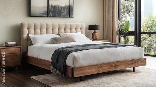 Bedroom interior with wooden bed frame, beige headboard, and natural light from large window