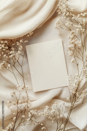 Blank white card on light fabric with decorative dried flowers. Top view