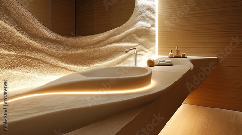 Illuminated bathroom with textured wall sink and gold faucet in a modern design space style