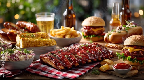 A classic American backyard feast with BBQ ribs, burgers, corn on the cob and hot dogs. 