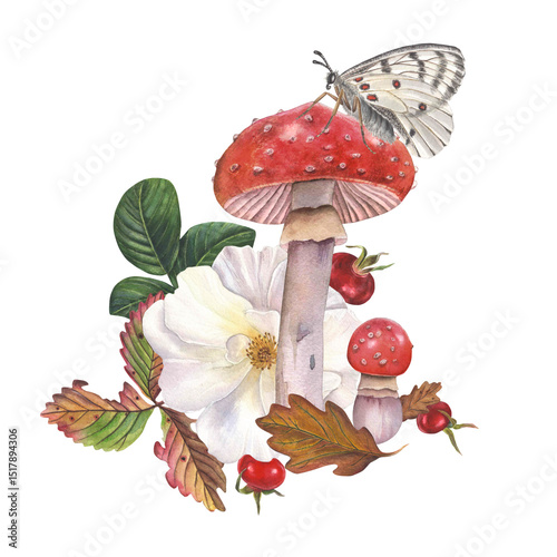 Watercolor rose hips, autumn acorn and strawberry leaves, rose hips, rose rose, white apollo butterfly and fly agaric. Composition isolated on white background, handmade