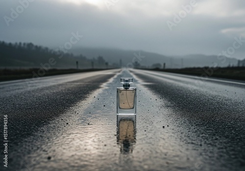Perfume bottle on a wet road with reflection and misty landscape in background