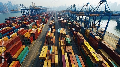Aerial view of a busy container port with rows of stacked containers and gantry cranes under a hazy sky
