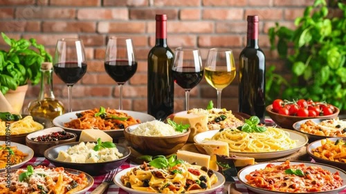 Italian pasta feast, brick wall setting, wine, basil