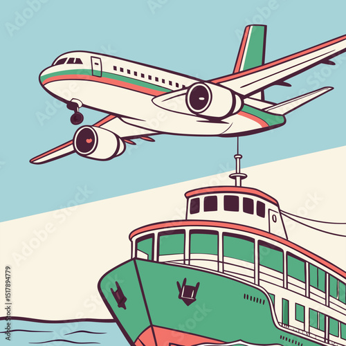 Airplane Flying Over Ferry Boat Illustration