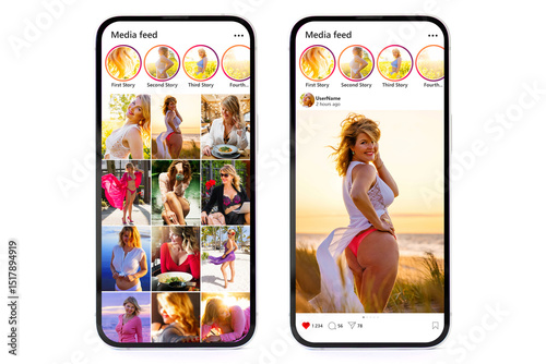 Sample social media photo gallery and single post mockups on mobile phone