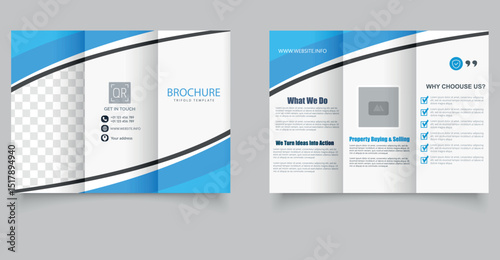 Tri fold wave brochure layout. Blue and white flyer. For design and print. Fully editable and print-ready.