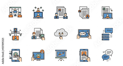 Online Communication Icon Set - Vector Illustration of Virtual Meetings, Cloud Computing, and Digital Collaboration for Web Design and Infographics