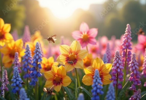 vibrant flower beds blooming spring colors nature garden fresh blossom landscape, petal, pollinator, flora, leaf, field, morning, bright, fragrance, bouquet