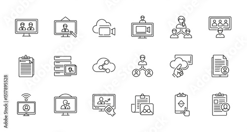 Online Communication Icons Set - Thin Line Style for Technology, Remote Work, and Virtual Meeting Designs