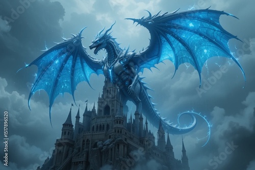 A massive mechanical dragon flying above a futuristic castle, blue plasma wings and glowing core, stormy sky