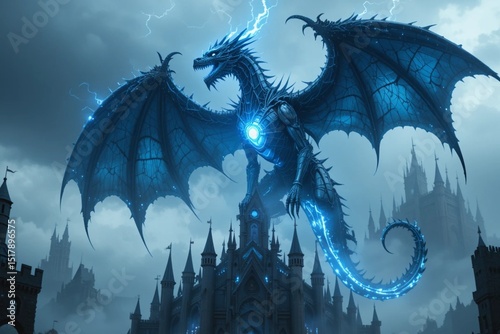 A massive mechanical dragon flying above a futuristic castle, blue plasma wings and glowing core, stormy sky