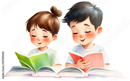 Watercolor Vector of Cute Boy and Girl Reading on Floor – Joyful, Curious Kids with Book or Magazine – Educational Art for Children.