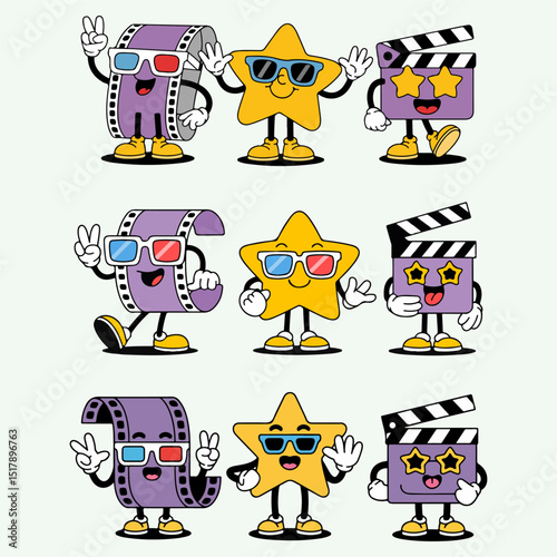 Movie and cinema cartoon character mascot set