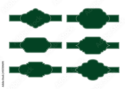 Islamic green ribbons for text, window form. Muslim panel elements. Vector illustrations set. Ramadan window shapes.