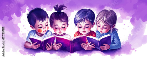 Watercolor vector Illustration of Girls Sitting in a Row Reading Books – Cute Kids Reading Aloud Together in Class – Art Lesson and Educational Activity Scene.