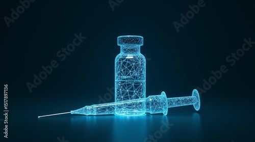 Small vaccine bottle (phial) and a medical syringe injection with its needle, isolated on dark blue background.