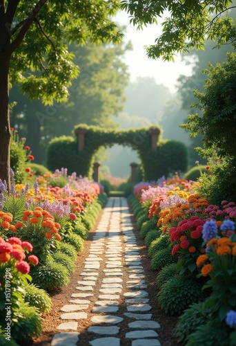 vibrant flower garden beds framed stone borders colorful blooming paradise natural landscape, nature, petal, park, flora, herb, leaf, branch, spring, season