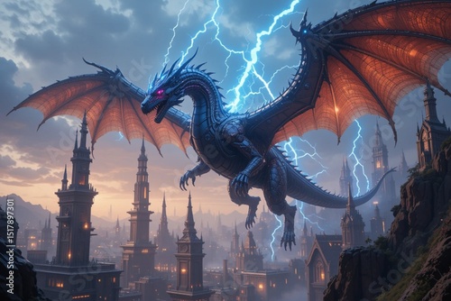 A cybernetic dragon soaring above a futuristic fantasy city with floating towers, magical lightning crackling around its wings