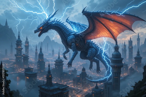 A cybernetic dragon soaring above a futuristic fantasy city with floating towers, magical lightning crackling around its wings