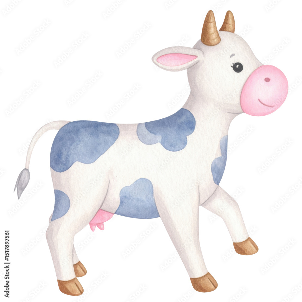 Naklejka premium Cute watercolor cow illustration with blue spots