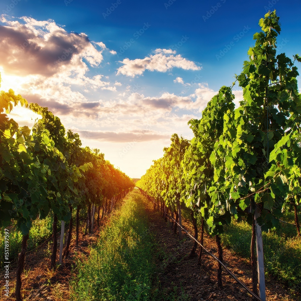 Fototapeta premium Lush Vineyard Rows Under a Vibrant Sunset Sky with Clouds and Sunlight