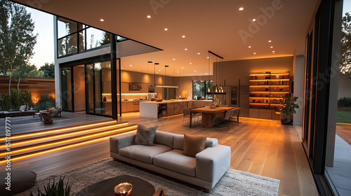 A modern open concept living space with kitchen and outdoor patio at dusk with warm lighting