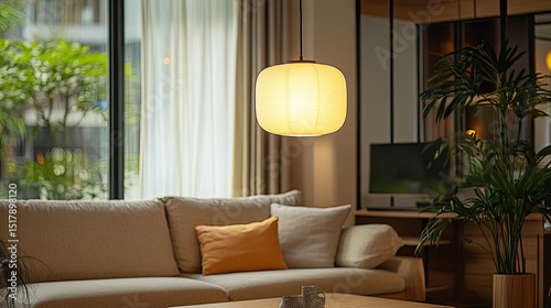 A living room with a beige sofa, a hanging lamp, a plant and a large window with curtains