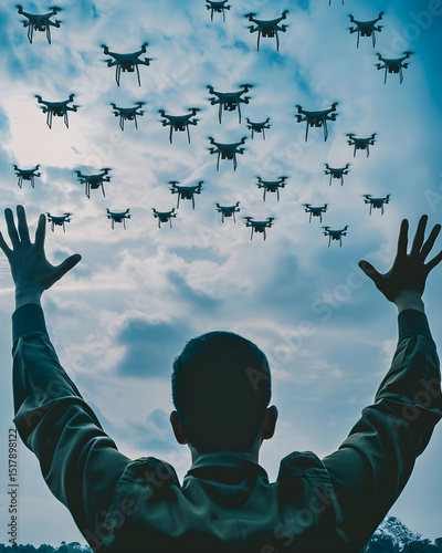 Man Controlling Drone Swarm  – Futuristic Technology Concept	