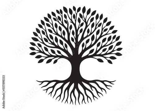 Tree of life logo silhouette vector, tree life logo icon silhouette, round tree of life with roots and branches vector, simple black tree of life silhouette logo vector on a white background.