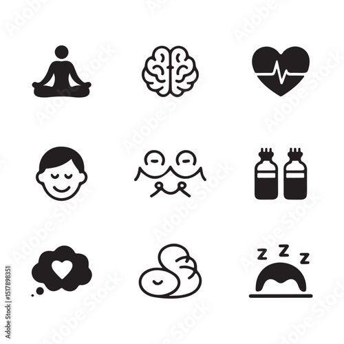 A collection of black and white line icons representing different aspects of wellness and a healthy lifestyle.