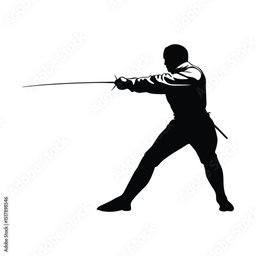 A fencer in mid-lung during a duel minimalist silhouette design