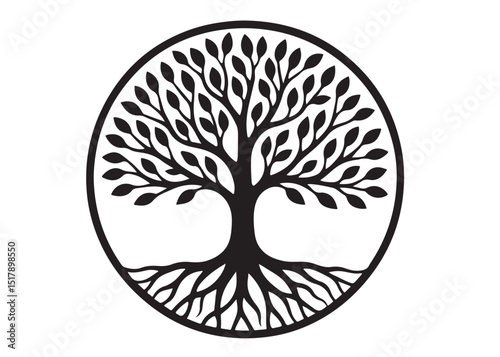 Tree of life logo silhouette vector, tree life logo icon silhouette, round tree of life with roots and branches vector, simple black tree of life silhouette logo vector on a white background.
