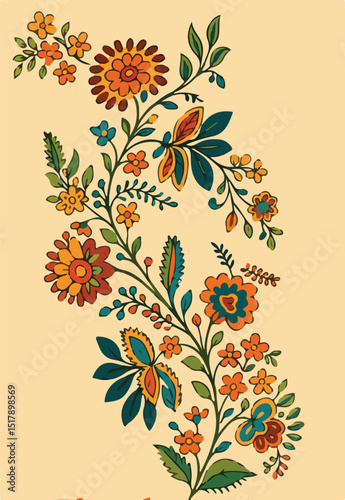 An elegant, winding pattern of vivid folk-inspired flowers and leaves dances vertically, celebrating traditional artistry with harmonious colors and intricate natural motifs throughout.