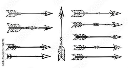 Hand Drawn Arrows Set - Collection of Decorative Ethnic Arrow Illustrations for Tribal Design, Tattoo Art, and Vintage Style Graphics