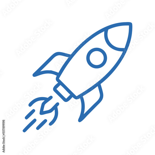 Simple blue rocket icon launching with flames trailing behind  