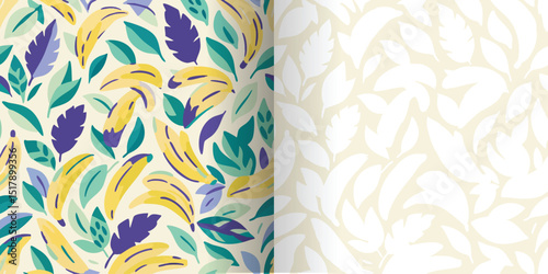 Set of two seamless patterns: a vibrant tropical design with bananas & leaves, and a coordinating leaf silhouette print. Modern style in yellow, teal, purple & green. For decor & fashion