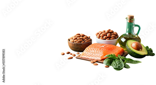 A still life of healthy fats featuring salmon, almonds, avocado, spinach, and olive oil in a bottle