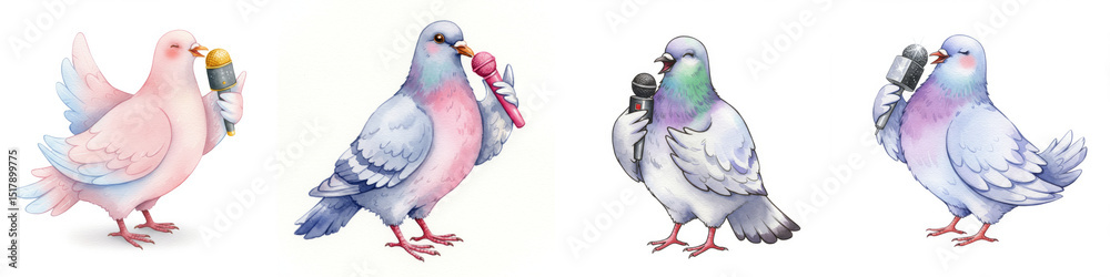Naklejka premium Watercolor Singing Doves Karaoke Session - Four doves enjoying a karaoke session, symbolizing fun, friendship, music, talent, and self-expression. A whimsical and charming scene